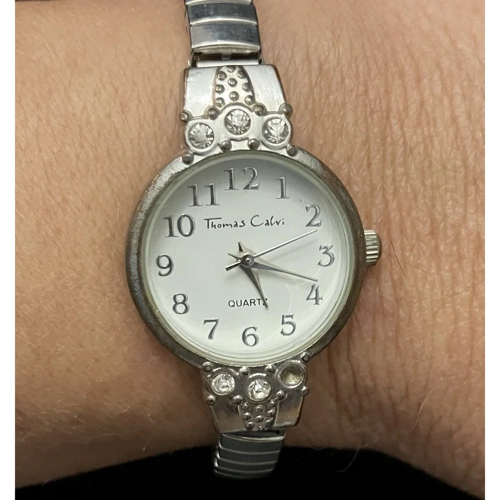 Thomas Calvi Quartz Crystal Rhinestone Bezel VTG Women’s Watch Silver Tone Works